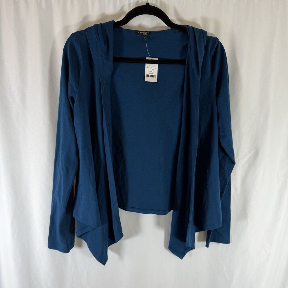New Express Cardigan Women's Small Blue Sexy Stretch Long Sleeve Hooded Open Fro